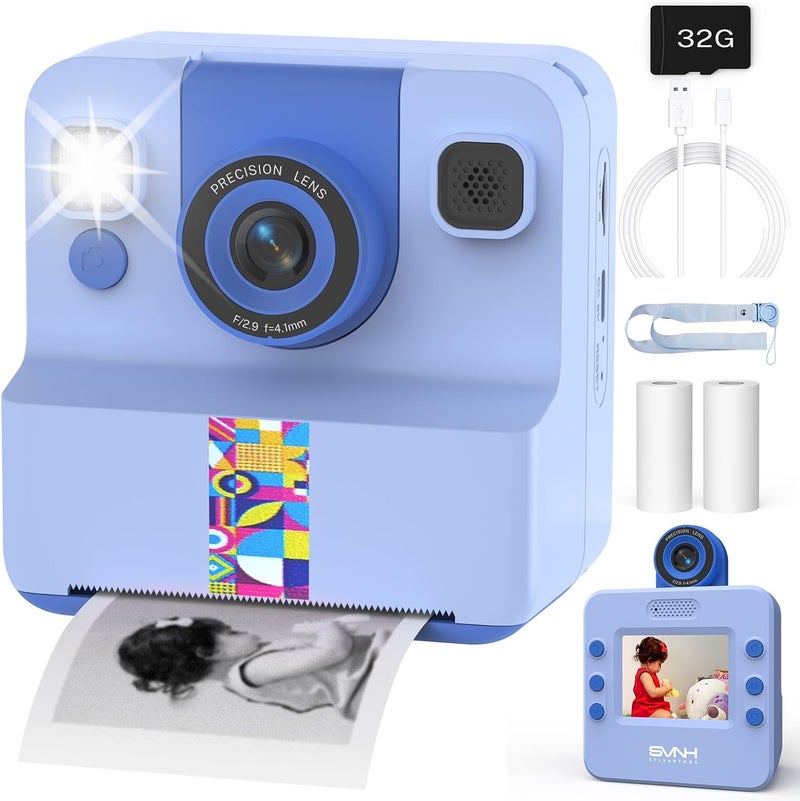 Sylvanthos Kids Camera Instant Print, Digital Camera for Kids, 180° Rotating Selfie Lens with 32GB SD Card & 2 Rolls Printing Paper Kids Toy Birthday Gifts for Boys Girls Ages 3-12, Blue - Image 1